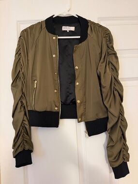 House of CB Olive Green Black Satin Bomber Jacket
